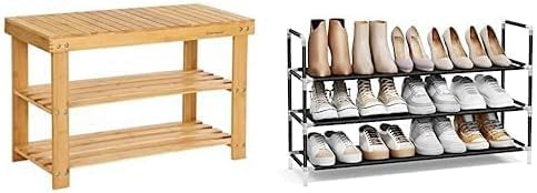 SONGMICS Schuhregal, Schuhschrank mit Sitzbank, Diele, LBS04N Schuhregal mit 3 Ebenen, Standregal, Schuhaufbewahrung, platzsparend, Metallrahmen, Vliesstoff, schwarz LSH053B01
