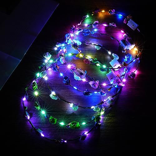 URAQT Couronne de fleurs Bandeau à Cheveux, 6 Pièces Couronne de fleurs LED Lumineux Chouchou, Bandeau Garland Bandeau de Fleurs, Fille Headband Réglable pour Fête du Festival de Mariage