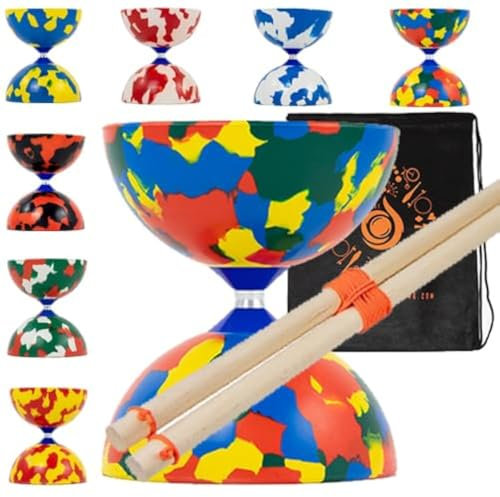 Jester Diabolo-Set mit Holzstäbchen – Pro Medium Gummi Diablo Set mit Holzhandstäben und Cascade Tragetasche (mehrfarbig)