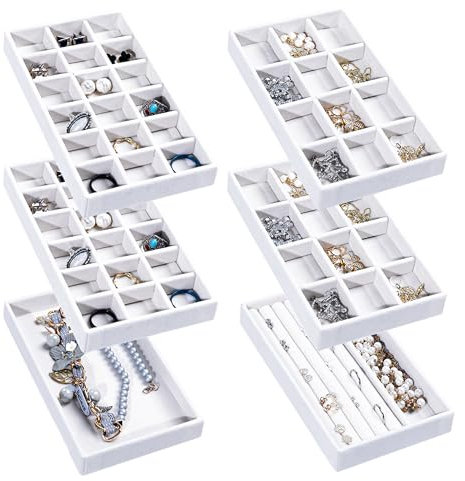 Frebeauty, Bandeja organizadora para joyas para mujer, apilable, de terciopelo, para guardar pendientes, anillos, collares, pendientes, juego de 6 unidades, color blanco