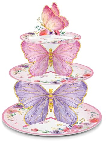 Zopeal 3 Tier Butterfly Cupcake Stand Butterfly Birthday Decorations Spring Cupcake Stand Holder Pink Purple Dessert Tower for Baby Shower Wedding Birthday Party Supplies Decoration