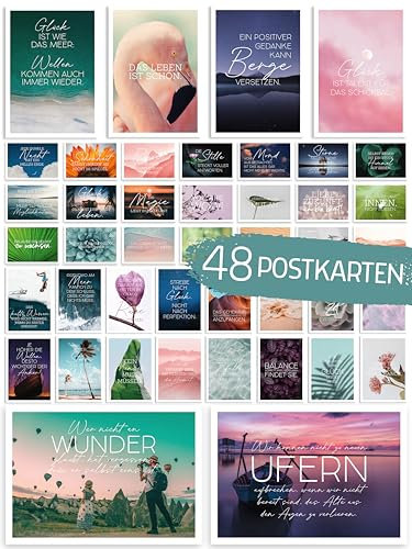 48er Set Postkarten mit Sprüchen Motiven Zitaten Lebensweisheiten Karten mit Spruch für Motivation Achtsamkeit Affirmation Aphorismen Mutmacher Geschenk Deko Dankeschön Coaching Training Grußkarten