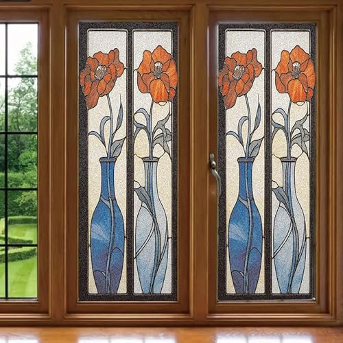 Milchglasfolie Orange Blume Blau Fensterfolie Blickdicht Fenster Sichtschutzfolie Milchglasfolie Selbstklebend Fenster Milchglasfolie Fenster Sichtschutzfolie Fenster Folie für Fenster45x100cm/4 Pcs