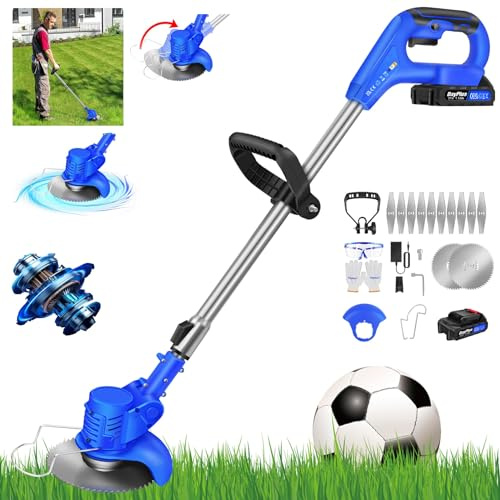 Schnurloser Strimmer Rasentrimmer, 21V, Leichtgewicht mit 1500 mAh Li-Ion Akku und Ladegerät, Rasenkantenschneider zum Trimmen von Gras und Unkraut mit 10×Metallklingen und 2×Kreissägeblättern