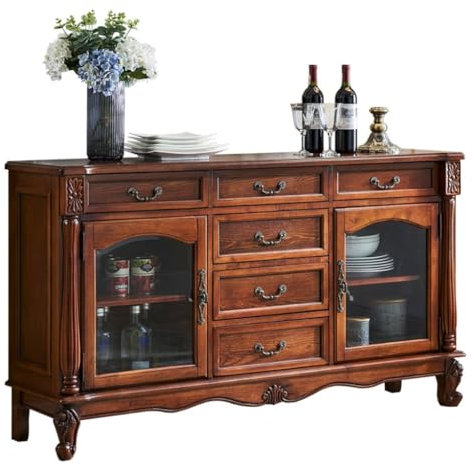 FEELIN Sideboard Drinks Cabinet Retro Solid Wood Sideboard Bedroom Storage Cabinet Cabinet With Glass Door Media Console Cabinet Sideboards for Living Room(M:130 * 39 * 86cm)