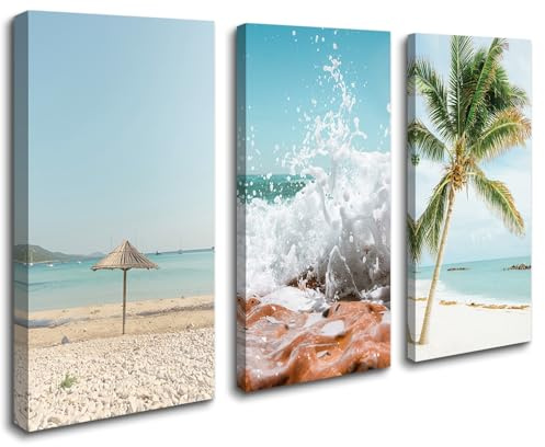 Visario Leinwandbild 120x80 cm 4436 Palme Strand Meer Türkises Wasser Karibik Beach Panorama fertig gerahmt auf Holzrahmen Wandbild Wohnzimmer Schlafzimmer Büro moderne Wanddekoration Natur Motiv 4436