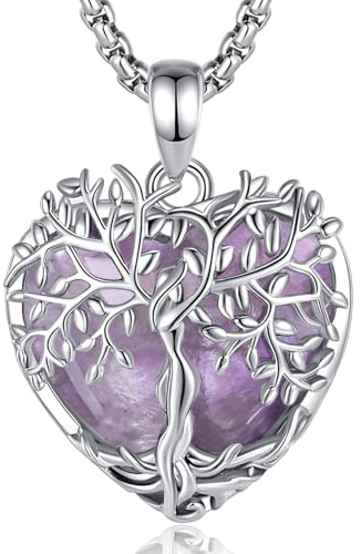 AEONSLOVE Collier Arbre de Vie Coeur Pendentif Amethyste Pierre Naturelle Pendentif Arbre de Vie Femme Collier en Cristal de Guérison Bijoux en Améthyste Cadeau Fete des Meres