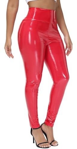 NewL Leggings da Donna a Specchio in Finta Pelle Verniciata Riflettente Lucido Elasticizzato stringono i Pantaloni a Vita Alta Sottile (IT, Testo, L, Regular, Regular, Rosso)