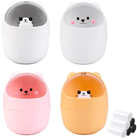 STNRST-IN 4 Pcs Small Trash Can with Swing Lid, Cute Bear Removable Desktop Trash Can with 6 Garbage Bags, Plastic Wastebasket Garbage Bin for Home, Office, Kitchen, Vanity Tabletop, Bedroom, Bathroom
