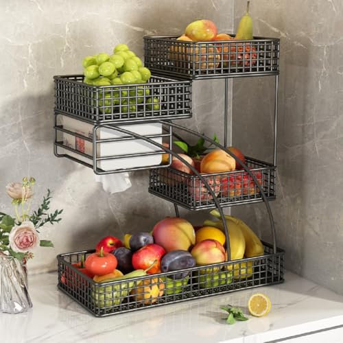 JUNYFFF Frutero De 4 Pisos,Cesta De Frutas De Metal, Fruteros De Cocina Modernos, Fruteros De 4 Niveles, Canasta De Frutas para Pan, Verduras, Aperitivos, Estantería Esquinera,Negro