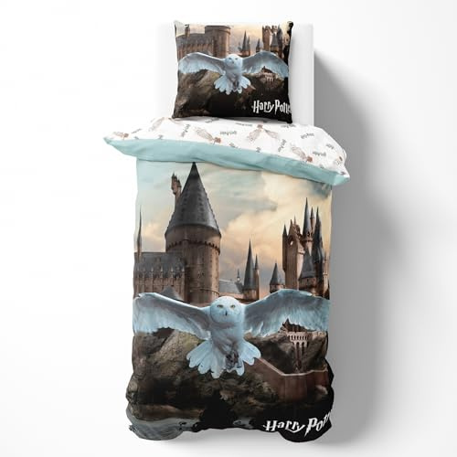Harry Potter Sängkläder 135 x 200 bomull för flickor och pojkar, Hogwarts barnsängkläder, 1 x örngott 80 x 80 påslakan 135 x 200, uggla Hedwig-present