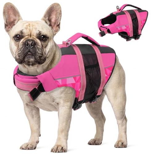 CITÉTOILE flytväst hund, hundflytväst med handtag och reflekterande, räddningsväst för små medelstora och stora hundar med bra flytkraft, lätt och säker för vattensporter rosa M