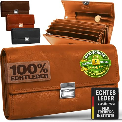 FLEXIBILITE Profi Kellner Geldbörse Profi 100% Wasser Büffel [2026] Echt Leder RFID (18,5 x 9,5 x 4,5cm BxHxT) Geldbeutel Bedienungsgeldbeutel Taxi Portemonnaie Kellnerportemonnaie Cognac