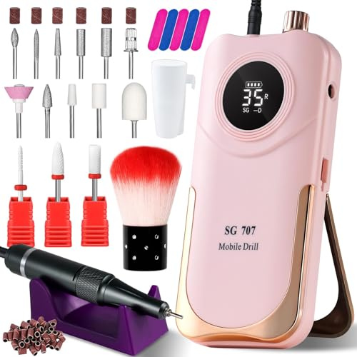 Moskany Professional Electric Nail Drill Kit 35000RPM with 14PCS Bits Pink Portable Rechargeable Cordless File Machine for Acrylic Gel Powder Nails and Manicure Pedicure Toenail Tool Salon Set