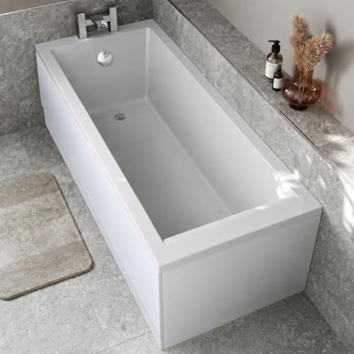 BAYSTONE 1700 x 700mm Single Ended Straight Bath White Gloss Soaking Bathttub, Acrylic Baths for Bathrooms, Straight Square, Adjustable Feet, Side Panel Included