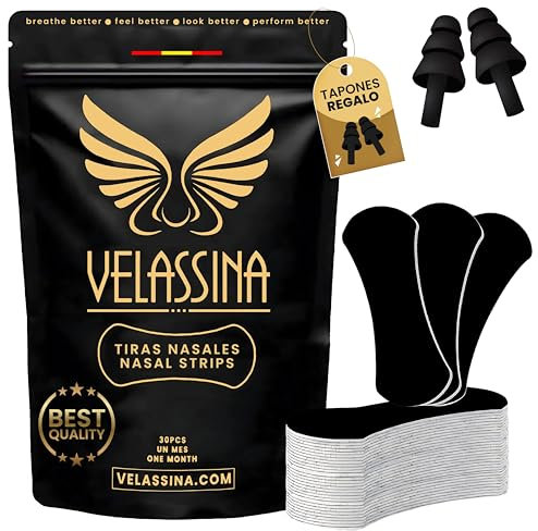 VELASSINA Tiras Nasales - 30 Tiras Nasales Antironquidos Incluido Tapones Oídos Tiras Nasales para Dormir Mejor Rendimiento Deportivo Mejorar Respiracion Nasal Strips Deportivas Descanso Sueño (Negro)