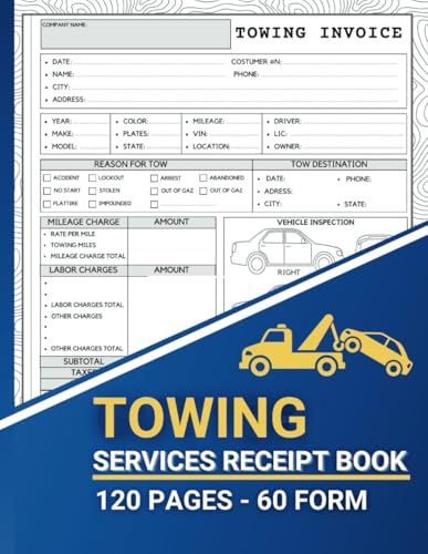 Towing Services Receipt Book : Towing Invoice Log Book for Vehicle Recovery, Roadside Assistance & Auto Transport | Business Forms for Tow Truck Drivers