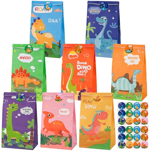 Dinosaurie partyväskor, 16 stycken presentpåsar papper med 24 klistermärken, dinosaurier partypåsar påsar presentpåsar presenter till barnens födelsedagar födelsedagspåsar för godis