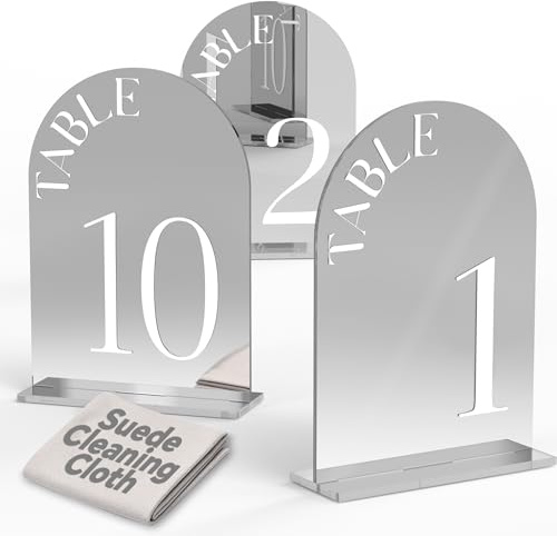 Framokoko Arched Table Numbers 1-10 with Stands, 5 x 7 Double-sided Letter, Mirrored Acrylic Table Signs for Wedding Reception Party Restaurant Engagement (Silver, 1-10)