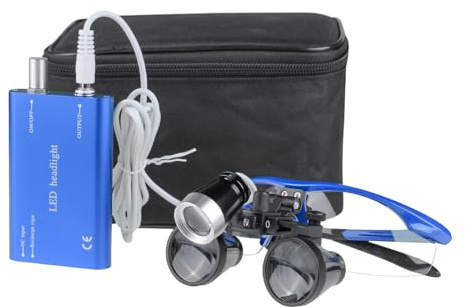 2.5x420mm Zahnarzt Lupenbrille Kopflupe LED Scheinwerfer Dental Loupes mit schwarzem Tuch Tasche (Blau)