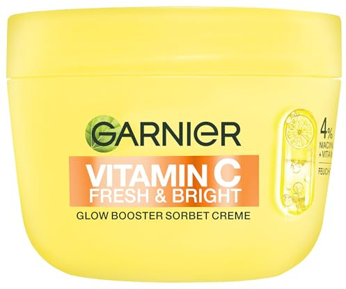 Garnier Vitamin C Fresh & Bright Glow Booster Sorbet Creme – Gesichtspflege mit 4% Niacinamid & Vitamin C für strahlenden Glow – Feuchtigkeitscreme gegen dunkle Flecken & Pigmentflecken – 85ml