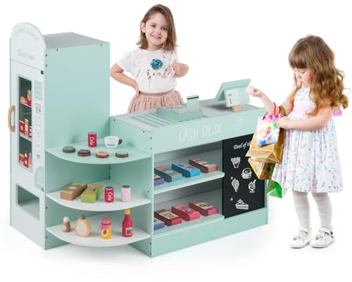 HOMASIS Supermercato Giocattolo per Bambini, Registratore Cassa Bambini in Legno, Cassa Giocattolo per Bambini con Distributore Automatico, per Bambini dai 3 agli 8 Anni (Modello 1, Verde)