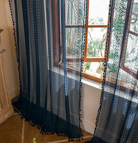 Sutuo Home Navy Blue Boho Curtains 2 Panels 84 Inches Long for Bedroom Living Room, Semi Sheer Macrame Lace Crochet Privacy Farmhouse Vintage Tassels Retro Strips Window Curtains Decor Rod Pocket,50W
