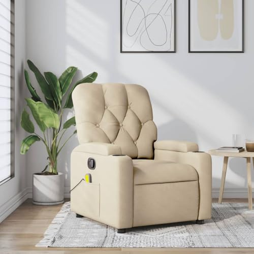 Runheo krämfärgad massage-relaxfåtölj, manuellt justerbar, 6-punkts vibrationer, tygskydd, 110 kg lastkapacitet, för vardagsrum, sovrum och kontor