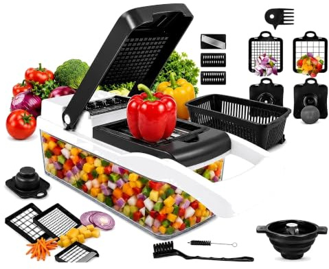 16 in 1 Vegetable Chopper Mandoline Slicer, Multi-Function Onion Dicer Food Cutter with 7 Interchangeable Blades & Container, Veggie Slicer for Fruit & Vegetables Kitchen Tool