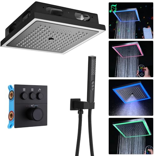 WRKMH Colonna Doccia Termostatica, LED a 64 Colori Doccia da Incasso Musica Nera Installazione a Soffitto Set Doccia con Soffione e Doccetta, 30x30 cm 2 Funzioni Soffione Doccia