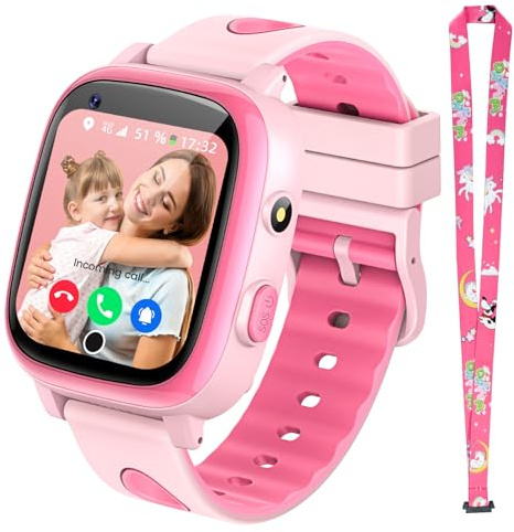 whraills 2026 Nouvelle 4G Montre Connectée Enfant avec Appel Vidéo & GPS, SOS, Chat Vocal, IP68 Étanche, Mode École, Podomètre, Réveil, Flashcard, Cadeau pour Garçons et Filles de 4 à 15 Ans – Rose