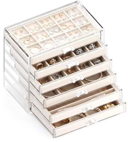 GlowSai Acryl Schmuck Organizer Schmuckaufbewahrung Schmuckkästchen mit 6 Schubladen für Ohrringe, Ringe, Armbänder (Warmweiß, 6)