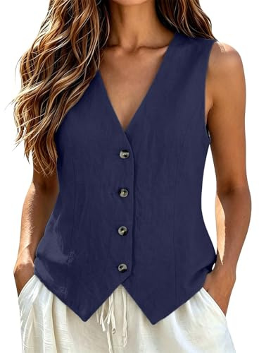Chaleco de Algodón y Lino para Mujer, Sin Mangas, Cuello en V, Botones Frontales Chaquetas Mujer, Casual Elegante Ropa Mujer Camisetas Basicas, Ideal para Oficina y Verano, Sólido y Ajustado