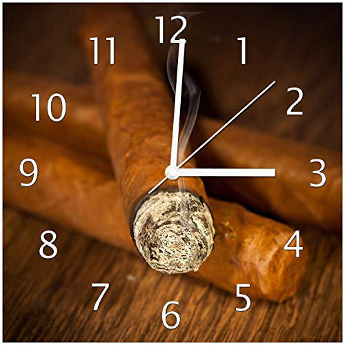 Wallario Design-Wanduhr Zigarre am Abend aus Glas, Motiv-Uhr Größe 30 x 30 cm, weiße Zeiger