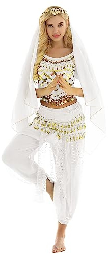 Agoky Damen Bauchtanz Kostüm Set Halloween Mottoparty Indische Prinzessin Outfit Münzen Top mit Pluderhosen Hüfttuch und Kopftuch Weiß Einheitsgröße