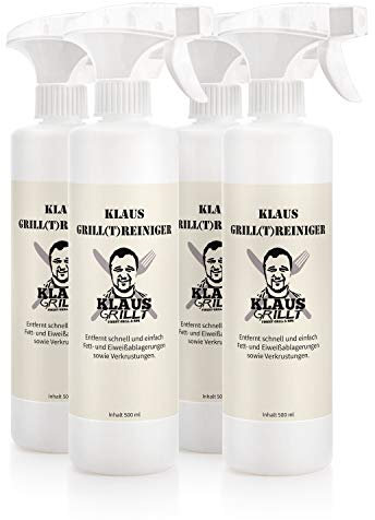 Klaus grillt Grill-Reiniger, 4 x 500 ml, Intensiv-Reiniger, Intensiv-Reiniger, Profi-Reiniger, hochwirksames Reinigungs-Mittel für Grill, Herdplatten, Öfen und Dunstabzugshauben