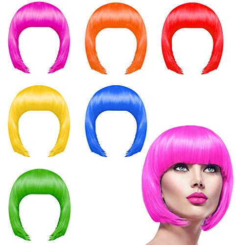 KUUQA 6 Pieces party wigs set, neon short bob wig pack costume colorful cosplay wig daily party hairpieces for bachelorette neon party favors, Halloween and decorations