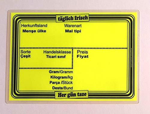 20 laminierte Preisschilder deutsch/türkisch 111 x 154 mm leuchtgelb für Obst und Gemüse mit Aufdruck Werbesymbole