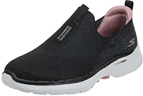 Skechers Women's GO Walk 6 Glimmering Sneaker, Black Textile/Pink Trim, 4.5 UK