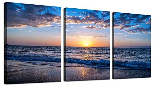 hyidecorart Leinwandbild Sonnenuntergang Strand, Meer Landschaft Modern Kunstdruck Deko Wandbilder Wohnzimmer Schlafzimmer Küche Esszimmer und Badezimmer