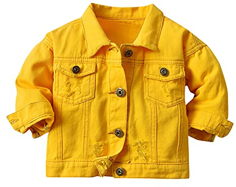 Bebé Niño Niña Chaqueta Vaquera de Mezclilla Moda Botone Abrigo Cazadora Vaquera de Manga Larga Chaqueta de Jean Rasgado Vaquero Ropa de Calle de Otoño Invierno Outwear Sobretodo Amarillo 12-18 Meses
