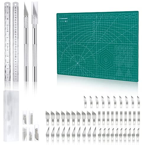 CGBOOM Schneidematte Set, Selbstheilende Bastelunterlage Schneideunterlage Cutting Mat mit 50stk Bastelmesser und Stahllineal für Basteln Zeichenunterlage Bastelskalpell(A3 45X30MM)