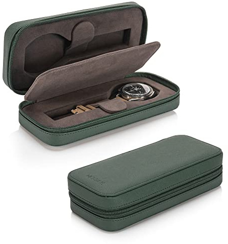 HOUSEOFHIGGINS Modern Leather Watch Case for men - Watch Travel Case - Storage Organizer & Display - Watch accessory Green