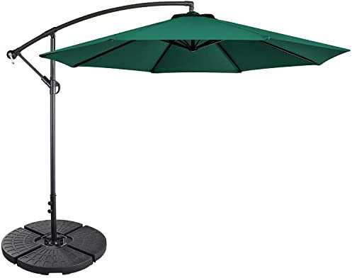 Yaheetech 2.9m Cantilever Garden Parasol with 4pcs Fillable Base Weight Banana Hanging Umbrella Offset Parasol with Crank Handle and Tilt Dark Green