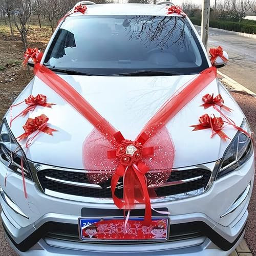 PTNKUIIY Autoschmuck Hochzeit,Auto Blumenschmuck Hochzeitsdekoration für Motorhaube Brautwagen Deko Organza Braut Paar Rose Deko Hochzeitsauto Deko Girlande Hochzeitsschmuck Für Hochzeit Party