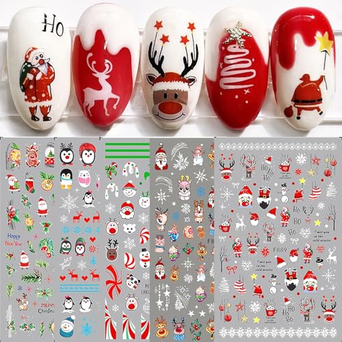 10 Blatt Nagelsticker Weihnachten Nagelaufkleber Selbstklebend Roter Weihnachtenbaum mit Schneeflocken Nail Art Sticker Dekoration Nageldesign Zubehör