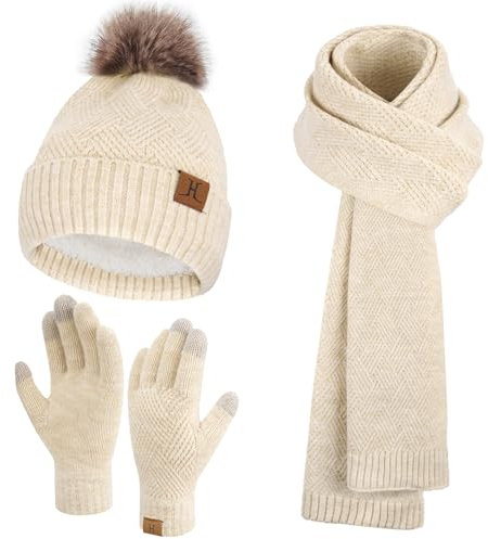 Bequemer Laden Damen Winter Warm Mütze Touchscreen Handschuhe und Lang Set mit Dick Fleece Gefütterte, Thermo Wintermütze Strickmütze Beanie Schals Winterhandschuhe Strickhandschuhe, Aprikose