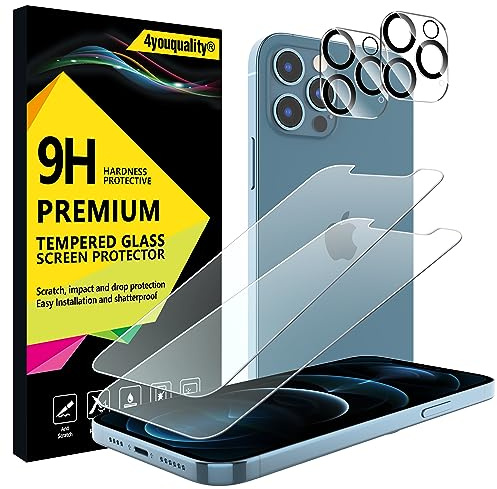 4youquality [4-i-1 skärmskydd för iPhone 12 Pro Max med kameralinsskydd, härdat glasfilm, 2-pack vardera, [livstidsstöd] [Stöttålig] [Anti-rep] [Ultra-genomskinlig]