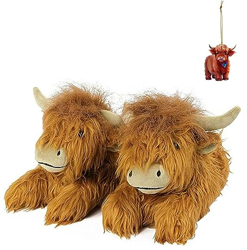 WIWIDANG Highland Cow Hausschuhe, Langhaar Hochlandkuh Plüsch Pantoffeln Für Drinnen Und Draußen (Braun, adult, women, numeric_36, numeric_range, eu_footwear_size_system, numeric_40, medium)