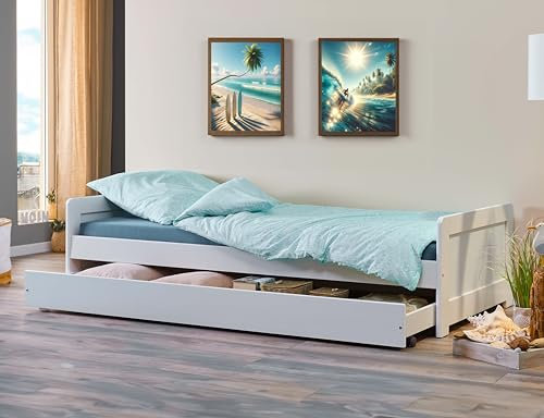 Inter Link - Letto a scomparsa - Letto a cassetti - Letto con contenitore - Letto in legno massiccio - 90 x 200 cm - 2 letti - Con rete a doghe - Verniciato bianco - Surf